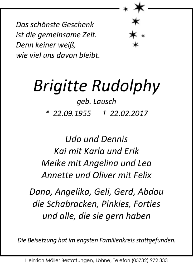  Traueranzeige für Brigitte Rudolphy vom 04.03.2017 aus Neue Westfälische