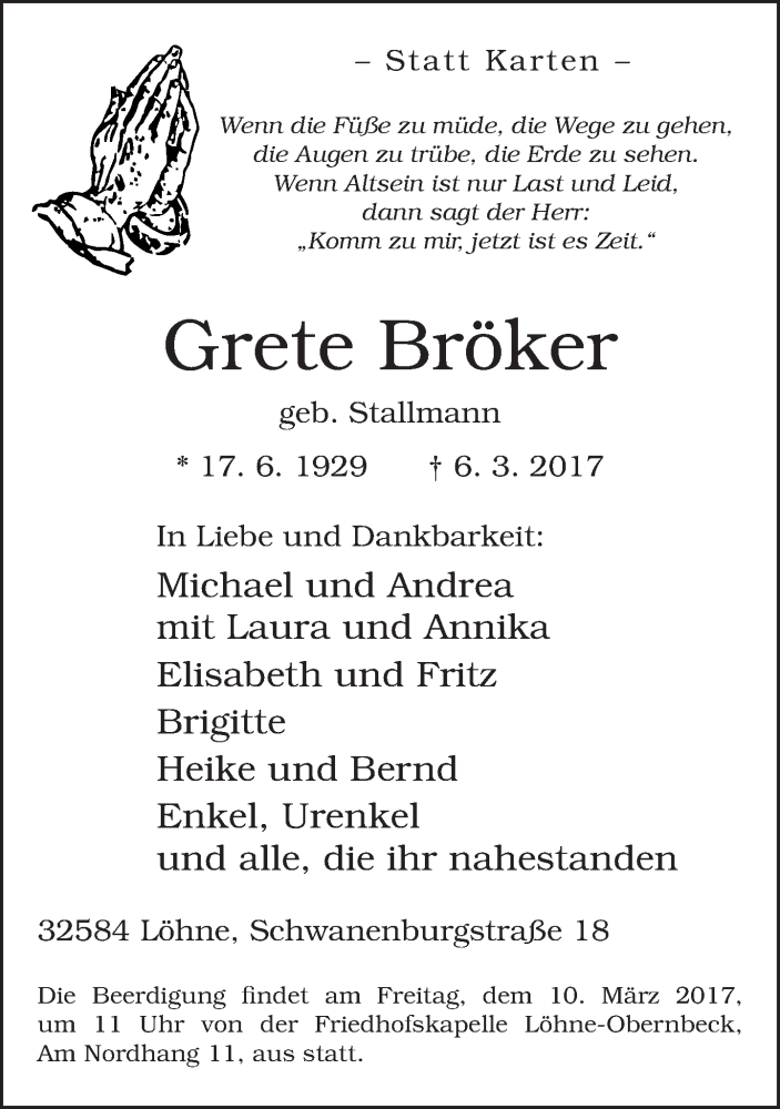  Traueranzeige für Grete Bröker vom 08.03.2017 aus Neue Westfälische