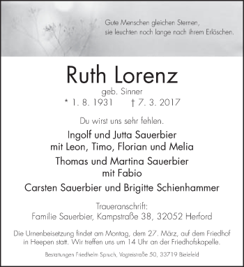 Traueranzeige von Ruth Lorenz