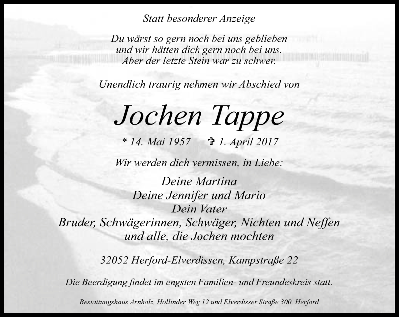  Traueranzeige für Jochen Tappe vom 03.04.2017 aus Neue Westfälische