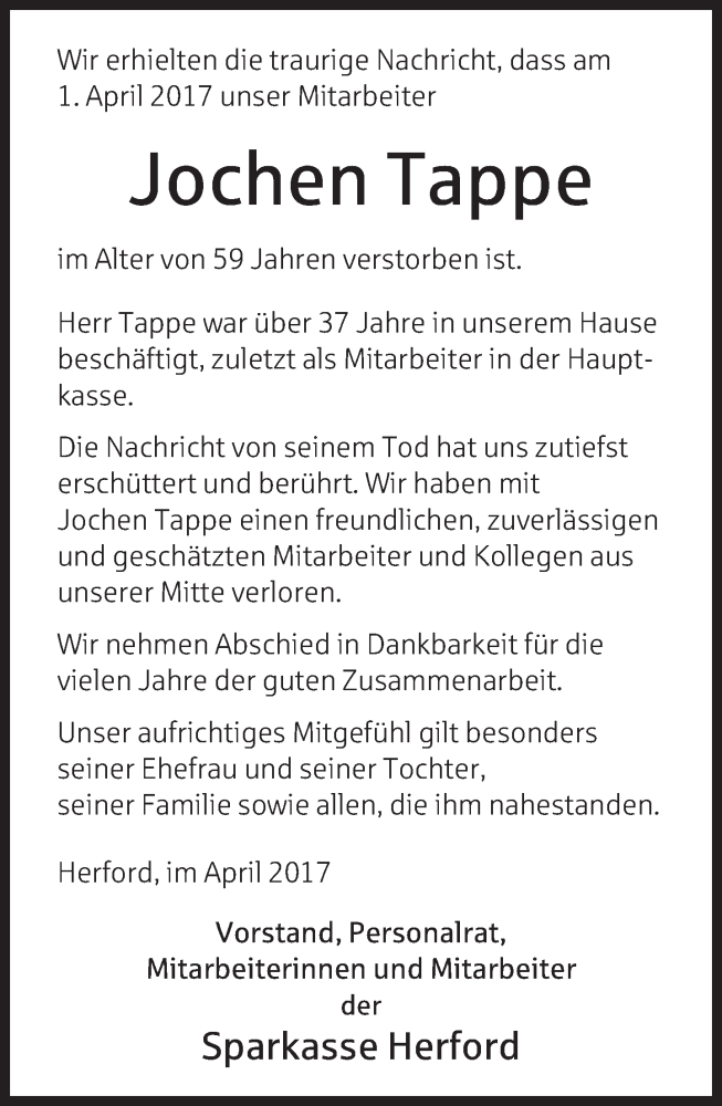  Traueranzeige für Jochen Tappe vom 06.04.2017 aus Neue Westfälische
