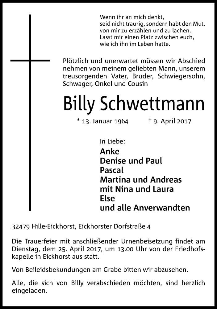  Traueranzeige für Billy Schwettmann vom 12.04.2017 aus Neue Westfälische