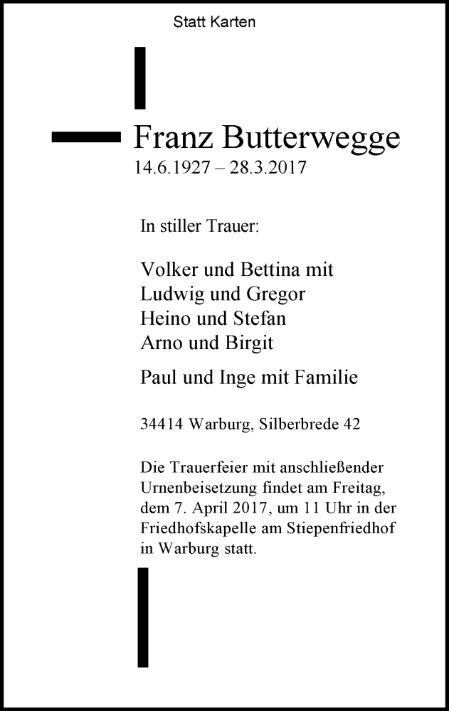  Traueranzeige für Franz Butterwegge vom 01.04.2017 aus Neue Westfälische