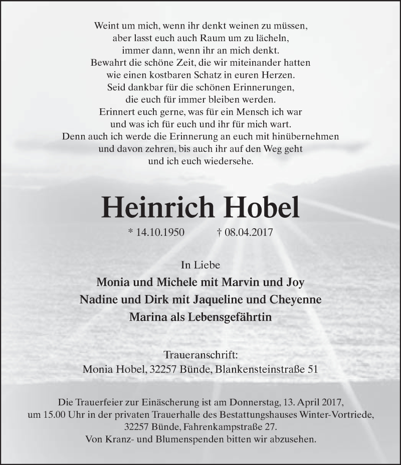  Traueranzeige für Heinrich Hobel vom 11.04.2017 aus Neue Westfälische