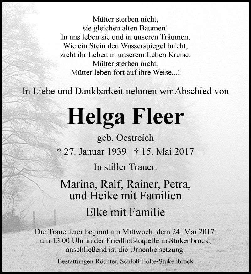  Traueranzeige für Helga Fleer vom 20.05.2017 aus Neue Westfälische