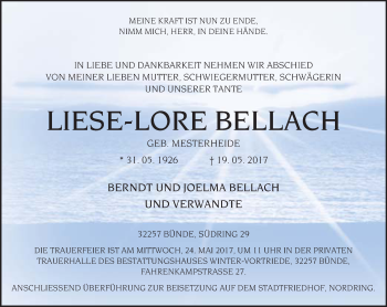 Traueranzeige von Liese-Lore Bellach von Neue Westfälische