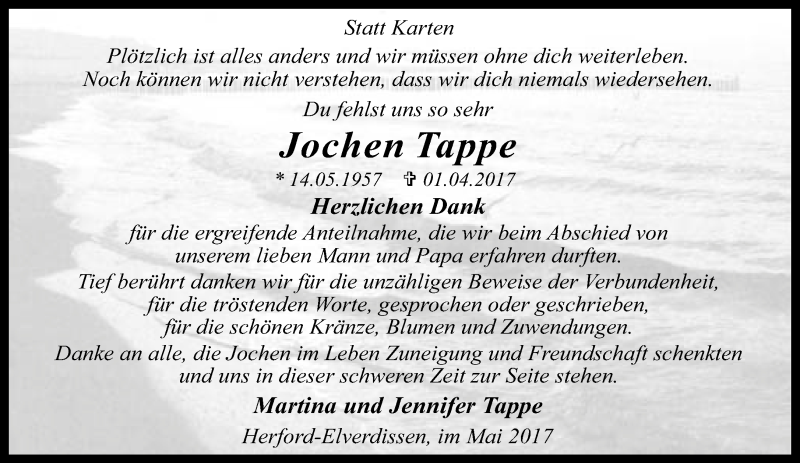  Traueranzeige für Jochen Tappe vom 04.05.2017 aus Neue Westfälische