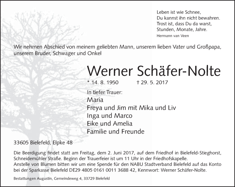  Traueranzeige für Werner Schäfer-Nolte vom 31.05.2017 aus Neue Westfälische