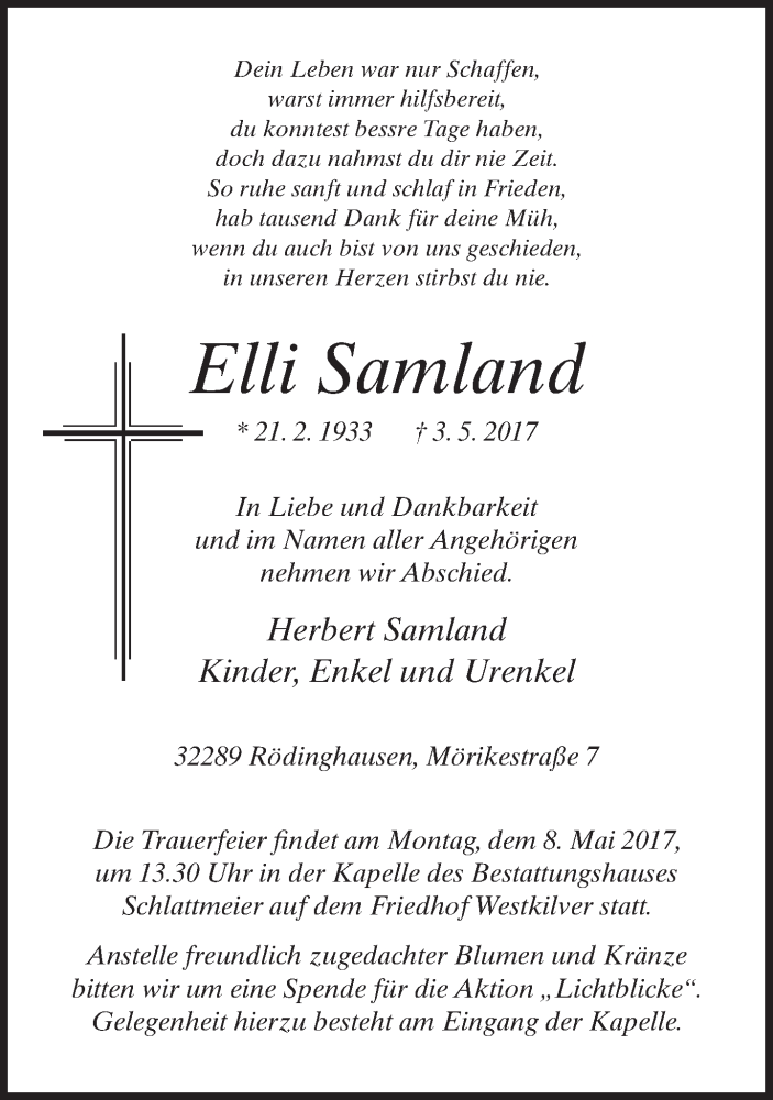  Traueranzeige für Elli Samland vom 05.05.2017 aus Neue Westfälische