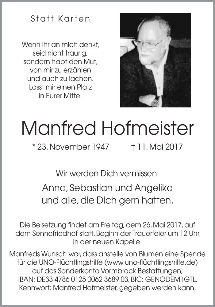  Traueranzeige für Manfred Hofmeister vom 20.05.2017 aus Neue Westfälische
