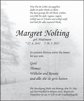 Traueranzeige von Margret Nolting