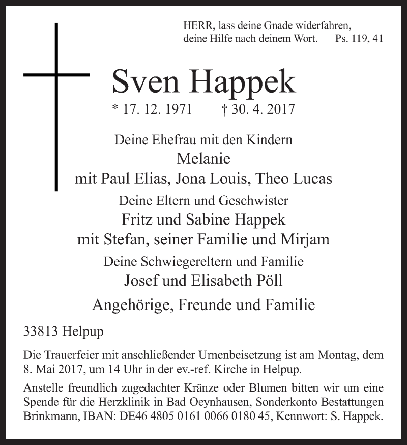  Traueranzeige für Sven Happek vom 06.05.2017 aus Neue Westfälische