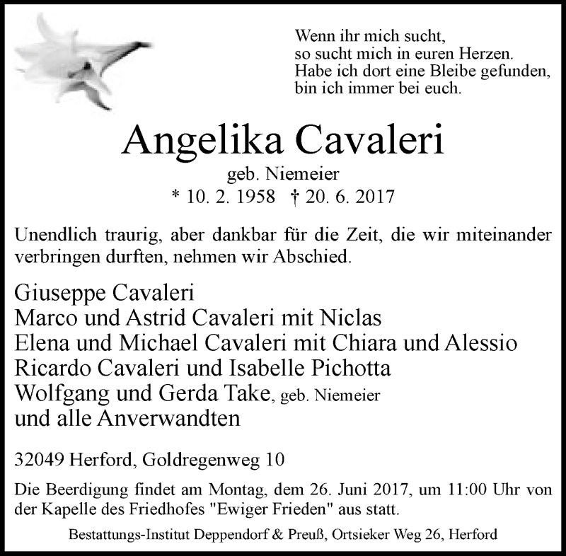  Traueranzeige für Angelika Cavaleri vom 23.06.2017 aus Neue Westfälische