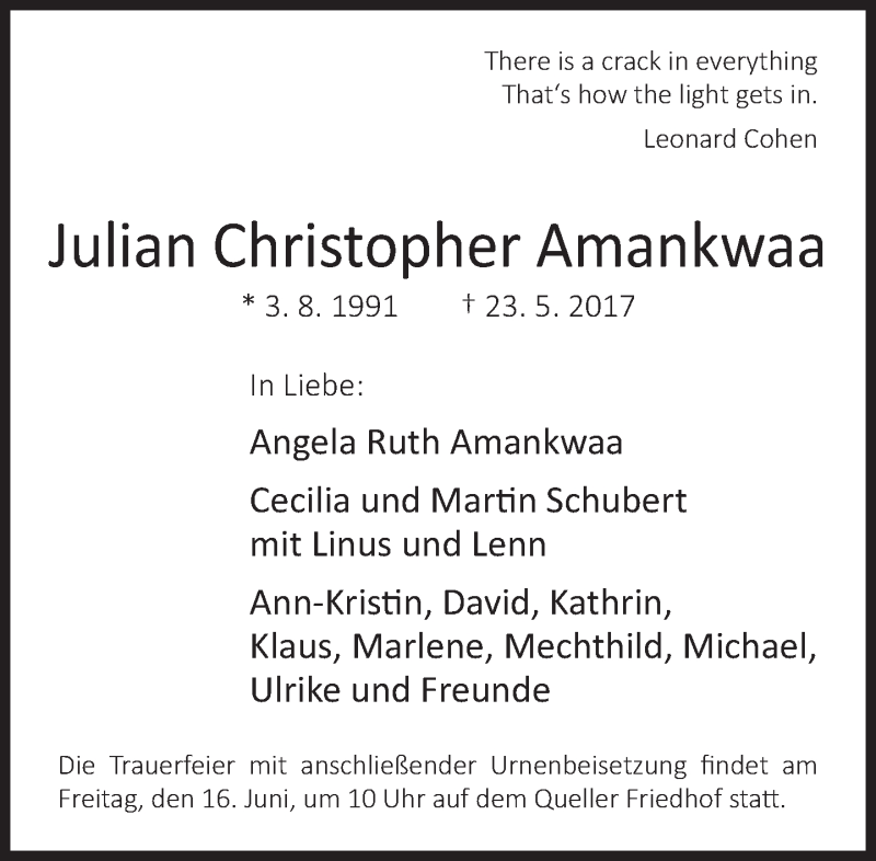  Traueranzeige für Julian Christopher Amankwaa vom 10.06.2017 aus Neue Westfälische