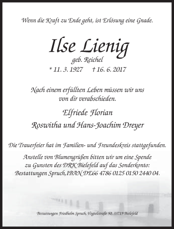 Traueranzeige von Ilse Lienig