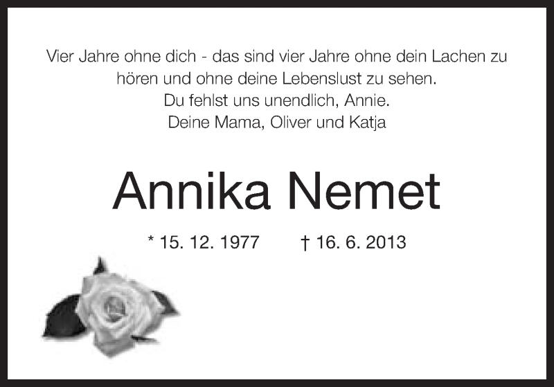  Traueranzeige für Annika Nemet vom 15.06.2017 aus Neue Westfälische
