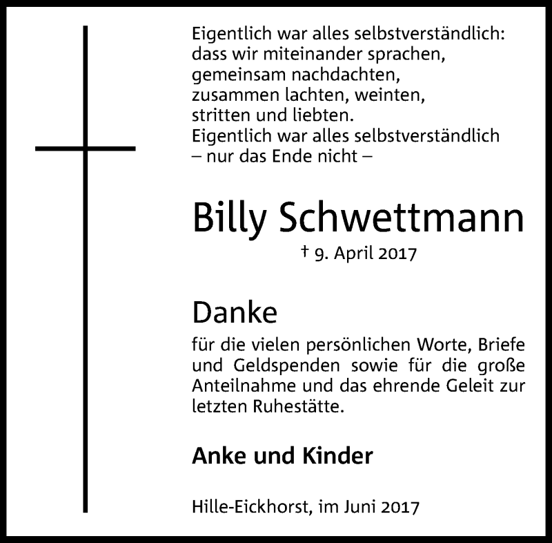  Traueranzeige für Billy Schwettmann vom 03.06.2017 aus Neue Westfälische