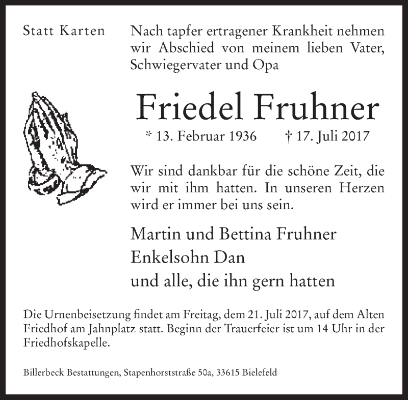  Traueranzeige für Friedel Fruhner vom 19.07.2017 aus Neue Westfälische