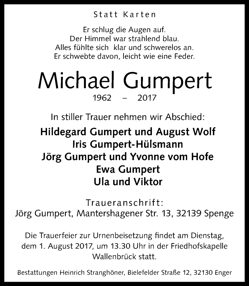  Traueranzeige für Michael Gumpert vom 26.07.2017 aus Neue Westfälische