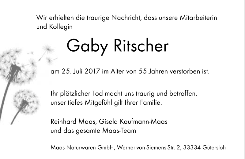 Traueranzeige für Gabriele Ritscher vom 28.07.2017 aus Neue Westfälische