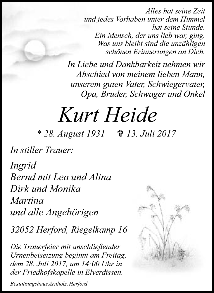  Traueranzeige für Kurt Heide vom 19.07.2017 aus Neue Westfälische