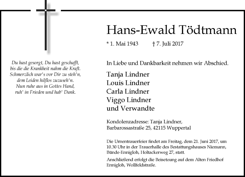  Traueranzeige für Hans-Ewald Tödtmann vom 15.07.2017 aus Neue Westfälische