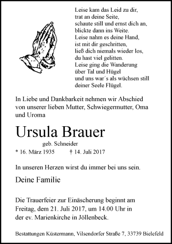 Traueranzeige von Ursula Brauer