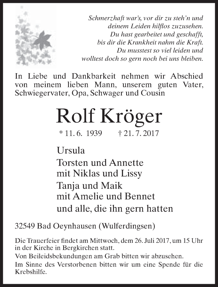  Traueranzeige für Rolf Kröger vom 24.07.2017 aus Neue Westfälische