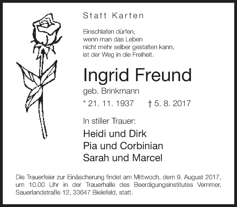  Traueranzeige für Ingrid Freund vom 07.08.2017 aus Neue Westfälische
