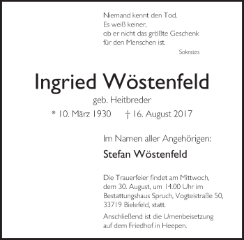 Traueranzeige von Ingried Wöstenfeld
