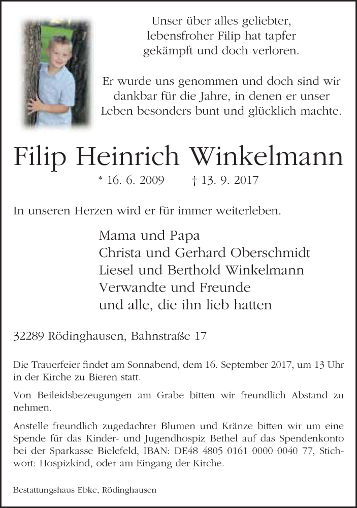  Traueranzeige für Filip Heinrich Winkelmann vom 15.09.2017 aus Neue Westfälische