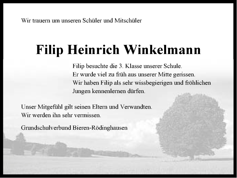  Traueranzeige für Filip Heinrich Winkelmann vom 18.09.2017 aus Neue Westfälische