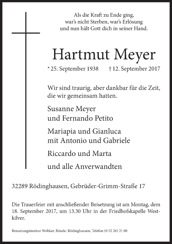  Traueranzeige für Hartmut Meyer vom 14.09.2017 aus Neue Westfälische