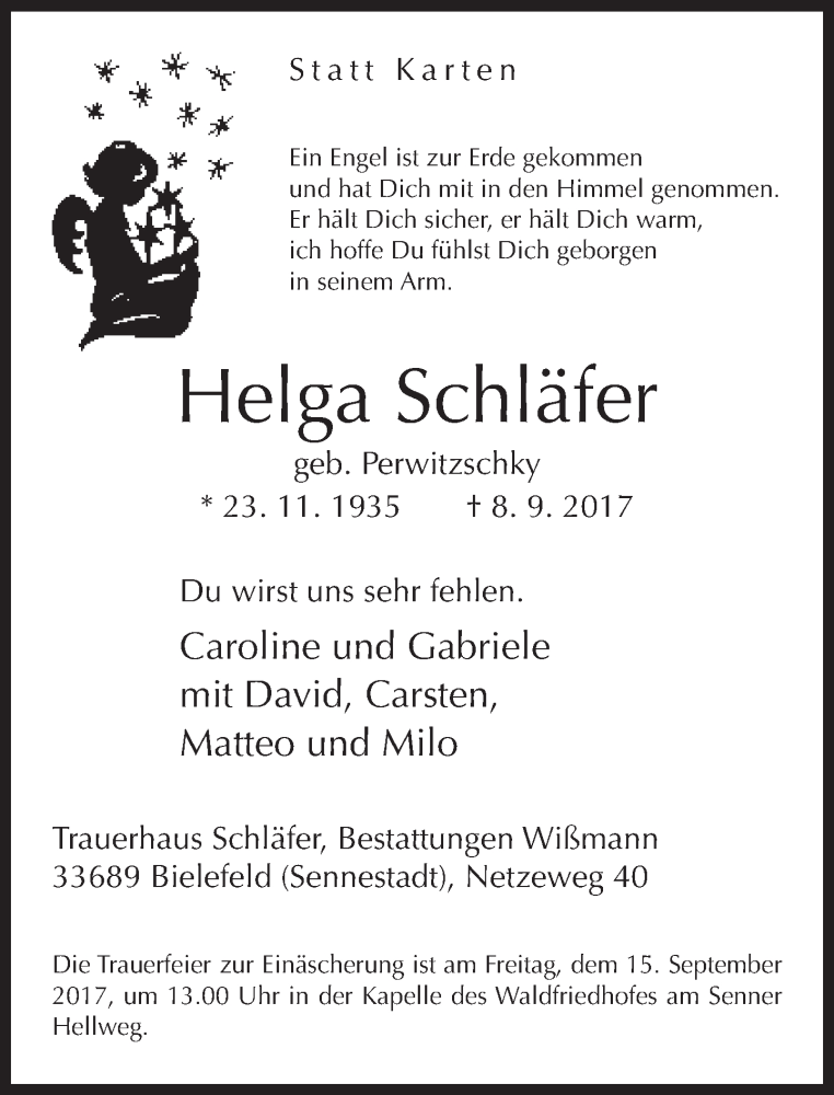  Traueranzeige für Helga Schläfer vom 13.09.2017 aus Neue Westfälische