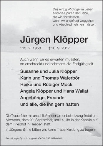 Traueranzeige von Jürgen Klöpper