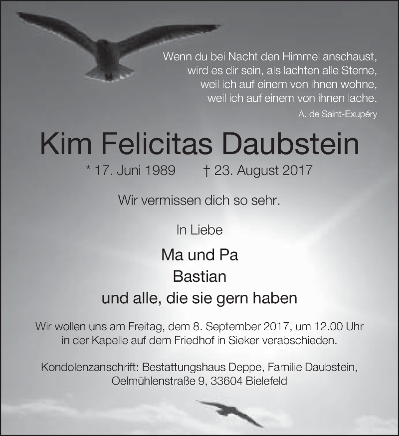  Traueranzeige für Kim Felicitas Daubstein vom 02.09.2017 aus Neue Westfälische