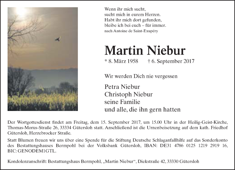  Traueranzeige für Martin Niebur vom 09.09.2017 aus Neue Westfälische