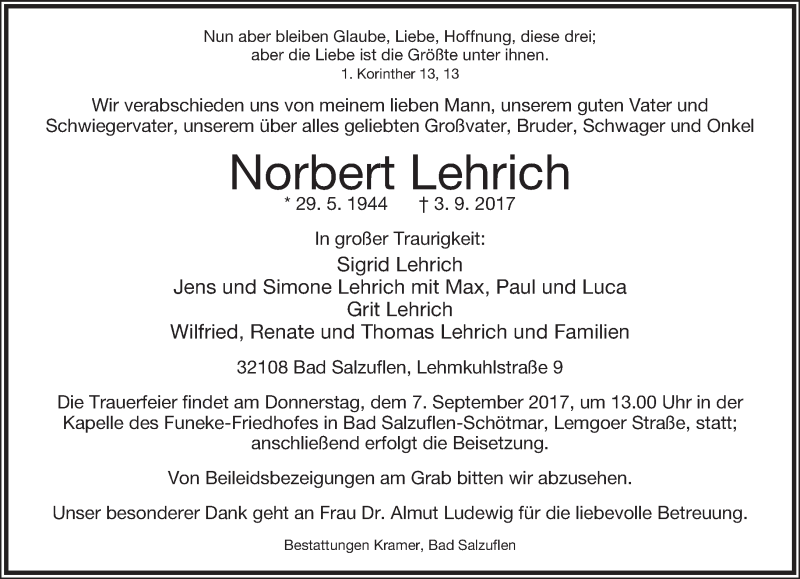  Traueranzeige für Norbert Lehrich vom 06.09.2017 aus Neue Westfälische