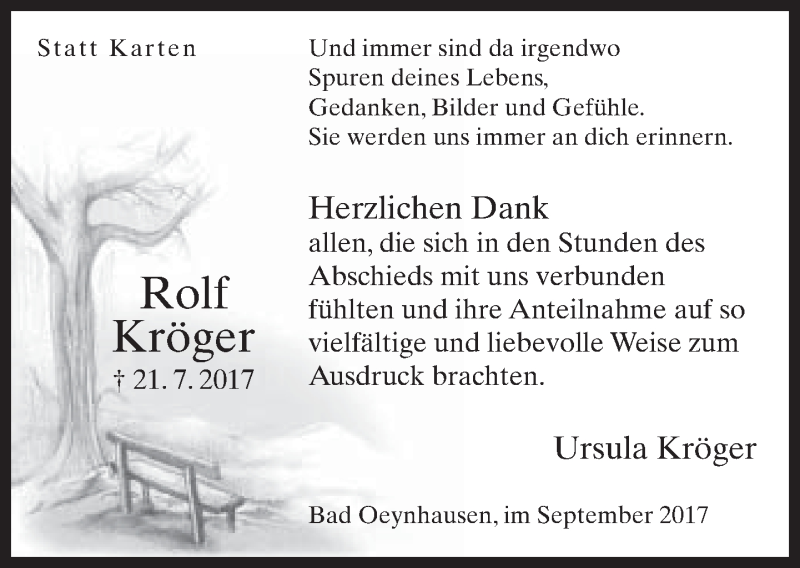  Traueranzeige für Rolf Kröger vom 02.09.2017 aus Neue Westfälische