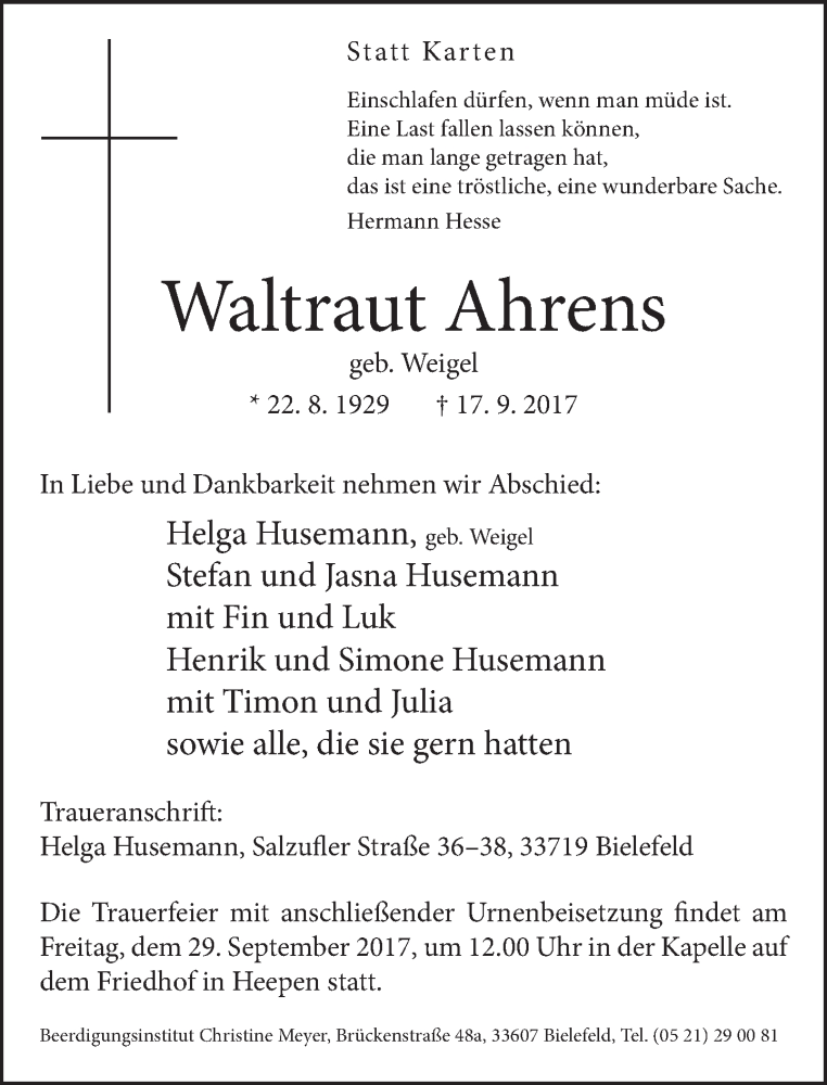  Traueranzeige für Waltraut Ahrens vom 23.09.2017 aus Neue Westfälische