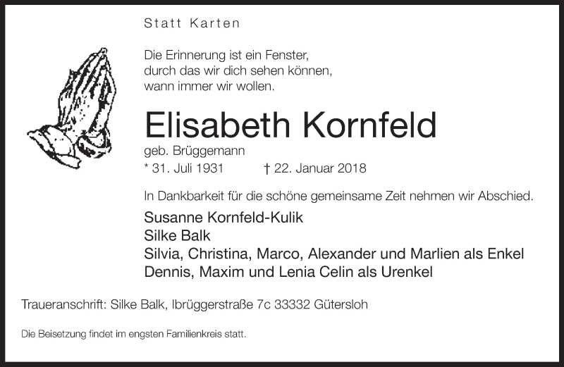  Traueranzeige für Elisabeth Kornfeld vom 27.01.2018 aus Neue Westfälische