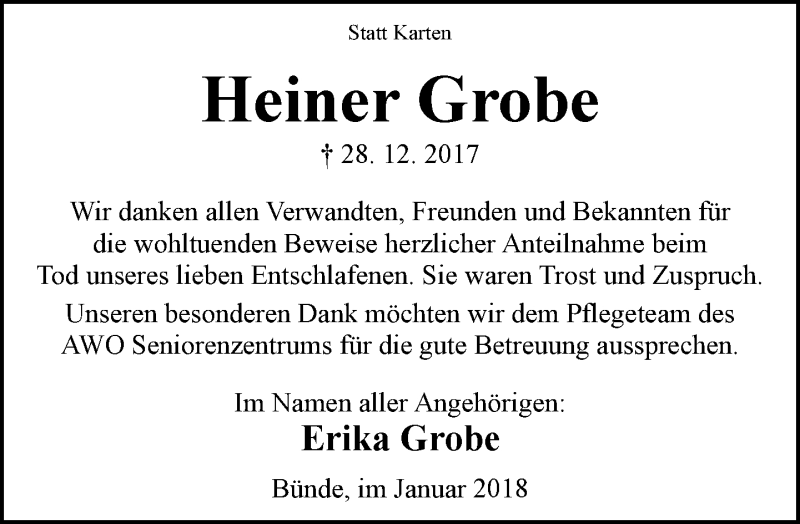  Traueranzeige für Heiner Grobe vom 20.01.2018 aus Neue Westfälische