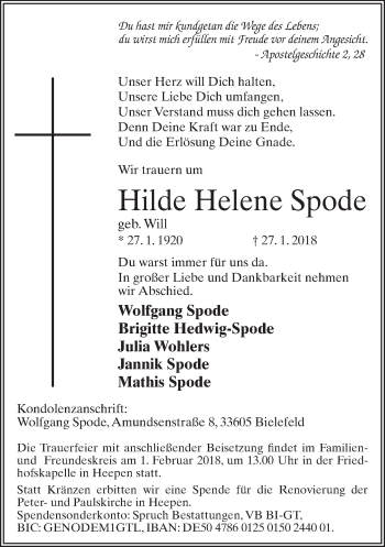 Traueranzeige von Hilde Helene Spode