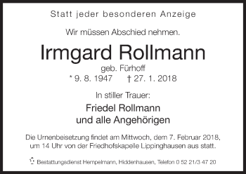 Traueranzeige von Irmgard Rollmann