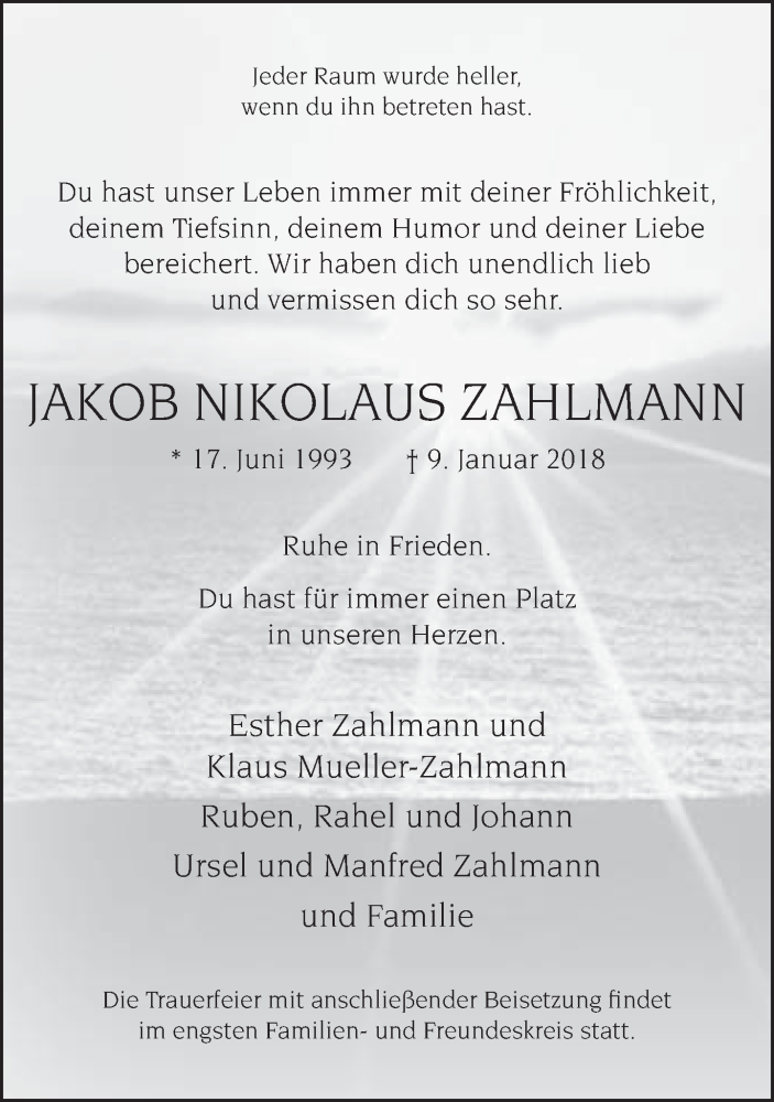  Traueranzeige für Jakob Nikolaus Zahlmann vom 13.01.2018 aus Neue Westfälische