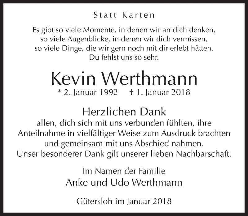  Traueranzeige für Kevin Werthmann vom 20.01.2018 aus Neue Westfälische