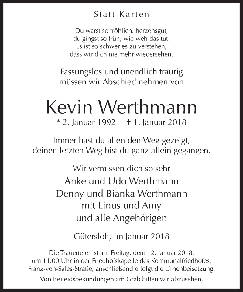  Traueranzeige für Kevin Werthmann vom 06.01.2018 aus Neue Westfälische