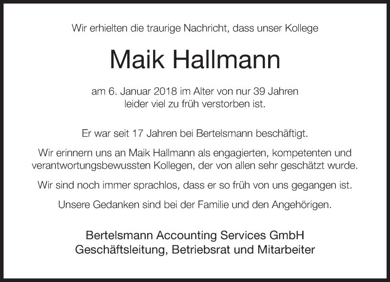  Traueranzeige für Maik Hallmann vom 11.01.2018 aus Neue Westfälische