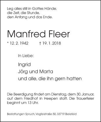 Traueranzeige von Manfred Fleer