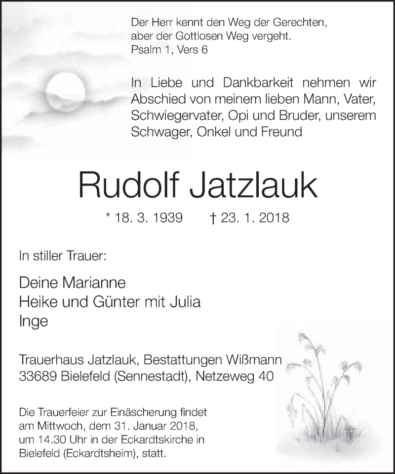  Traueranzeige für Rudolf Jatzlauk vom 27.01.2018 aus Neue Westfälische